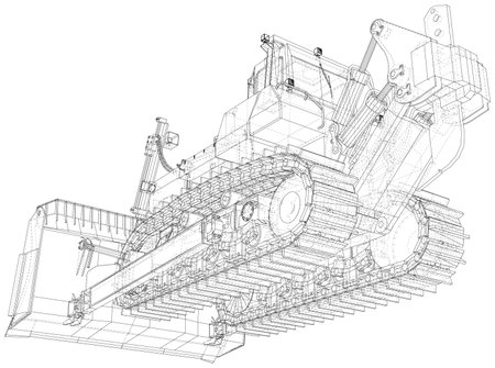 Bulldozer. Wire-frame outline style. Vector rendering of 3dのイラスト素材