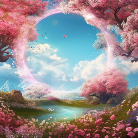 Beautiful arch of flowers. Magic portal in fairy landscape.の素材
