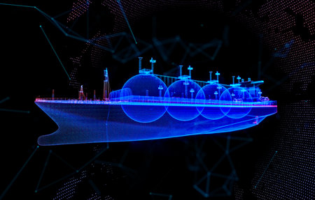 Glowing blue light 3d model Gas carrier LNG with lines, dots and particlesの写真素材