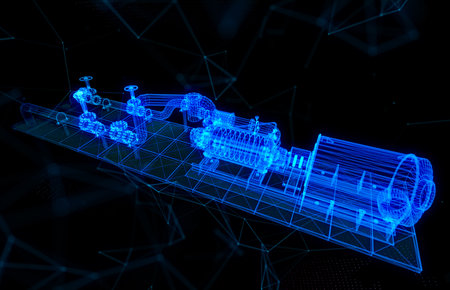 Industrial equipment electric oil valve and pump. Glow points and line formation of 3d equipmentの写真素材