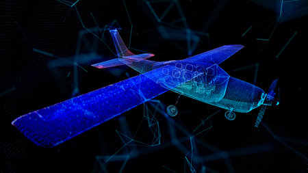 Airplane with piston engine and propeller. Light effect particles background. Abstract style consists of colorful dotsの写真素材
