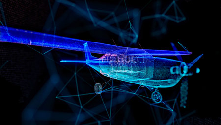 Travel plane on blue dark background. Airplane digital with line,dot. future air transport conceptの写真素材