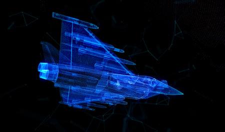 Military Jet. Blue particle and lines form 3d model Air plane. Virtual visualization aviation air forceの写真素材