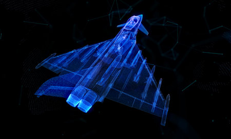 Fighter jet. Glow particles airplane. Virtual Air plane. Aviation air force technologyの写真素材