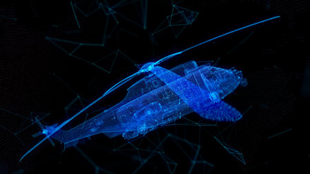 Military helicopter flying with action video camera on dark blue. Polygonal low poly background with connecting dots and linesの写真素材
