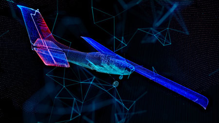 The plane. Single-engine plane. Flickering energy flux of particles. The scientific design of small aircraftの写真素材