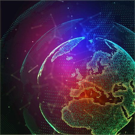 Earch globe, world map point, line, composition representing global, network connection, international significanceの写真素材