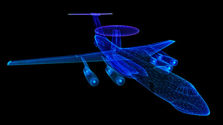 AWACS Military force air flying airplane. Glowing neon particles and blue lights formation of 3d model airplaneの写真素材