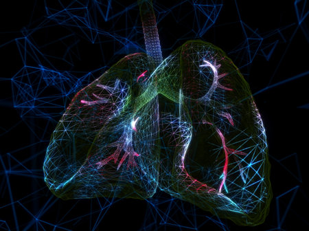 Human lungs made of neon particles. Lungs health concept art in modern abstract style consists of colorful dotsの写真素材