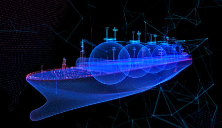 Gas carrier LNG. Blue particle and lines form 3d model Gas tankerの写真素材