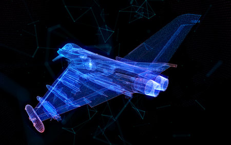 Jet in flight from polygonal line. Low poly air plane in glow lines and connected to form. Virtual technology visualization of 3dの写真素材