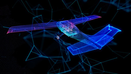 3d airplane. Digital airliner and world map concept in dark blue background. Low poly mesh with dots, lines and glowing starsの写真素材