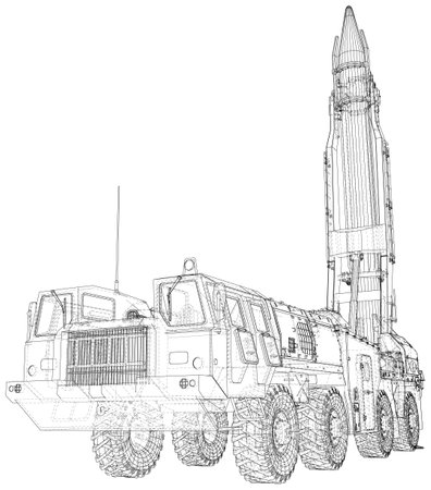 Army tractor with a rocket. Medium Range Ballistic Missile. Incendiary, thermobaric, strategic nuclear weapon. Vector created of 3dのイラスト素材