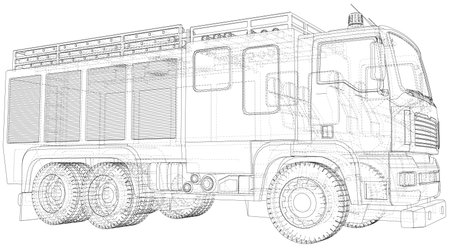 Wire-frame isolated Fire truck on background. Vector rendering of 3dのイラスト素材