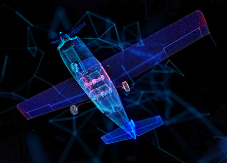 Abstract polygonal light small aircraft. Airplane light effect particles backgroundの写真素材