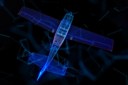 Abstract airplane. Wireframe mesh spheres from a flying plane. Travel conceptの写真素材