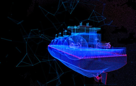 Gas carrier LNG. Blue particle and lines form 3d model Gas tankerの写真素材