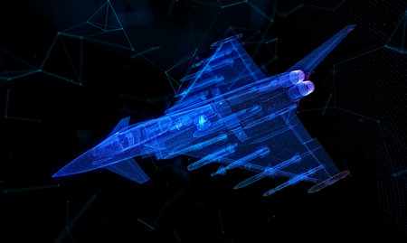 Fighter jet. Glow particles airplane. Virtual Air plane. Aviation air force technologyの写真素材