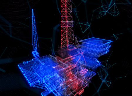 Ocean oil gas drilling rig. Offshore oil platform for production of oil and gas. Petroleum fuel industry offshore production excavation. Line connecting dots blue in 3d modelの写真素材