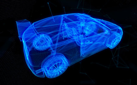 Modern car frame with high tech UI details in dark environmentの写真素材