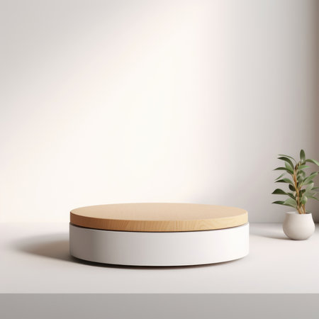 Wooden podium on a white background with leaves. product presentation, mockup, cosmetic product display, podium, stage pedestal or platform.の素材