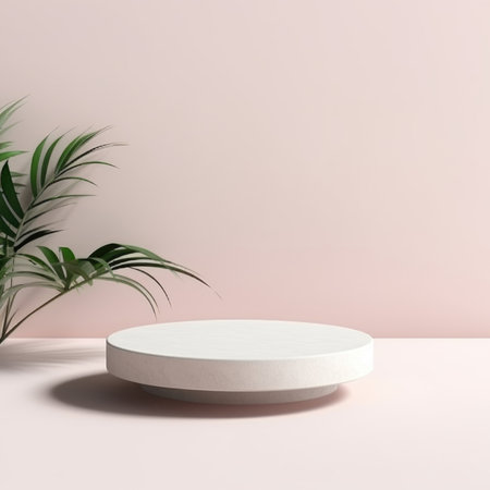 Abstract empty white podium with geometric shadows background. Mock up stand for product presentation. Minimal concept. Advertising templateの素材