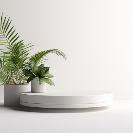 White luxury geometric pedestal podium. Abstract studio room with 3D platform design. Minimal scene for cosmetic products. Showcase, Promotion displayの素材