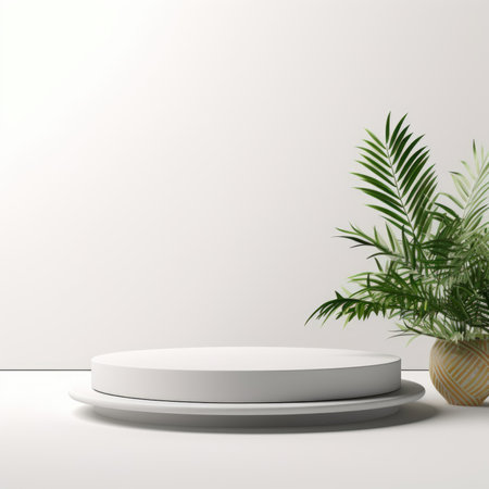 Modern white podium minimal product display. Empty pedestal geometric mockup stage or blank presentation stand and simple advertising platform concept.の素材