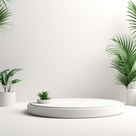 White geometric pedestal podium. Abstract studio room with 3D platform. Luxury minimal scene for cosmetic products. Showcase, Promotion display.の素材