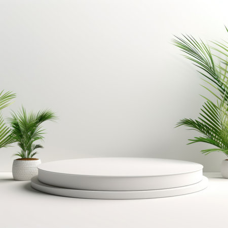 White cylinder product pedestal podium background with green leaf. Minimal vertical pattern wall scene mockup product stage showcase, Promotion display. Abstract geometric forms.の素材