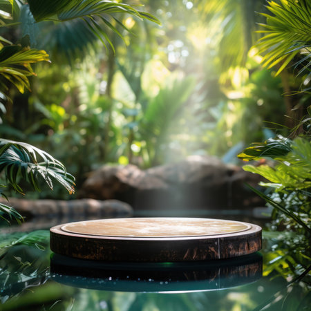 Empty table with bowl of water and tropical green fan palm plants under sunlight in background for natural products display backdrop.の素材