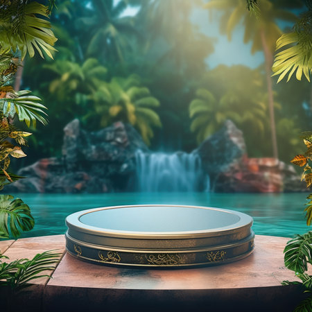 Empty space on stand with tropical fresh fan palm leaves background for products display. Sunlight, Hawaii, Table top, Podium, Templates, Backdrop, Beauty.の素材