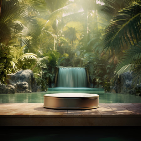 Empty space on stand with tropical fresh fan palm leaves background for products display. Sunlight, Hawaii, Table top, Podium, Templates, Backdrop, Beauty.の素材