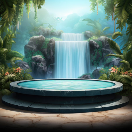 Circle pedestal in tropical forest for product presentation.の素材