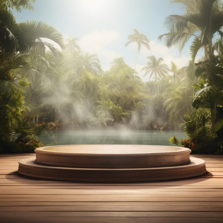 Floor podium in nature outdoors tropical forest garden green jungle plant background. Natural product present placement pedestal stand display, spring or summer concept.の素材