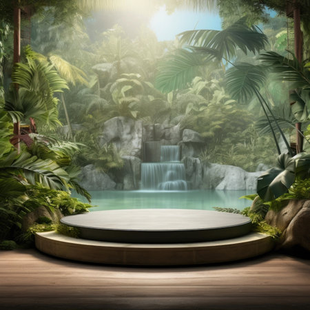 Podium in outdoor waterfall green tropical forest nature background. Natural water product present placement pedestal counter display, spring summer jungle paradise concept.の素材