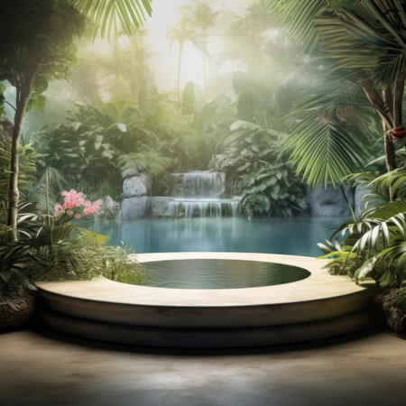 Stone platform pedestal in tropical forest for product presentation and green forestの素材