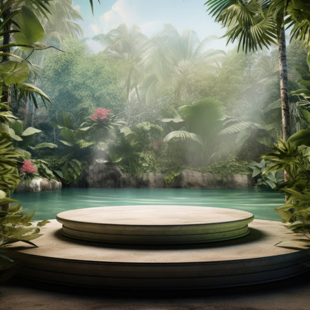 Podium in tropical forest for product presentation and green forest background.の素材