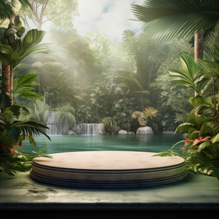 Stone green podium or rock dais stage and nature green leaves. elegant green podium mock-up stand product scene green nature background. 3d podium stage tropical style.の素材
