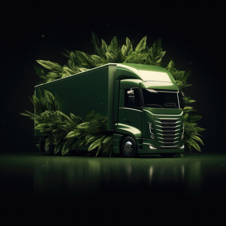 Truck concept in green environment. Eco energy, green truck, eco-friendlyの素材