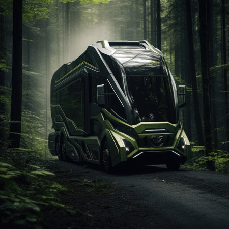Truck. Ecological concept. Truck made of green vegetation in the forestの素材