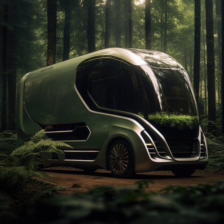 Truck. Ecological concept. Truck made of green vegetation in the forestの素材