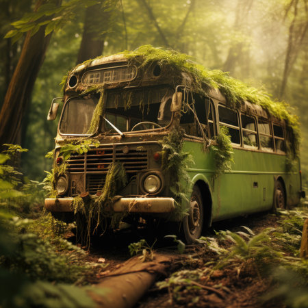 Bus. Ecological concept. Bus made of green vegetation in the forestの素材