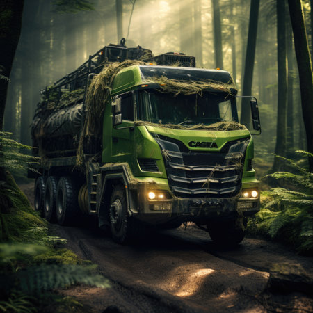 Truck. Ecological concept. Truck made of green vegetation in the forestの素材