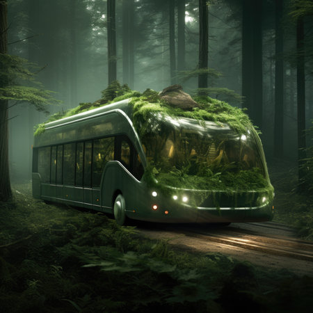 Bus. Ecological concept. Bus made of green vegetation in the forestの素材