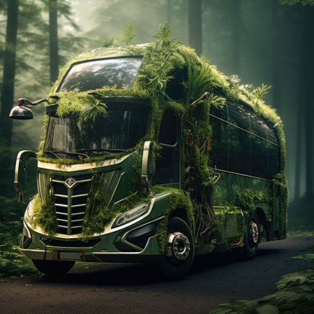 Truck. Ecological concept. Truck made of green vegetation in the forestの素材