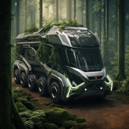 Truck. Ecological concept. Truck made of green vegetation in the forestの素材