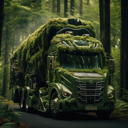 Truck. Ecological concept. Truck made of green vegetation in the forestの素材