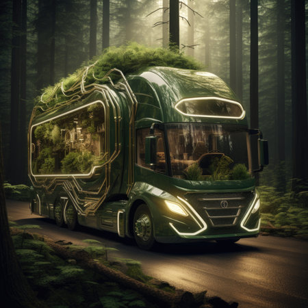 Truck. Ecological concept. Truck made of green vegetation in the forestの素材