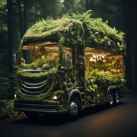 Truck. Ecological concept. Truck made of green vegetation in the forestの素材